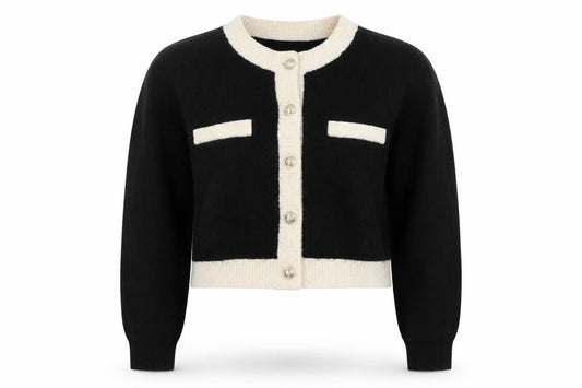 H&M Women Black Ivory Contrast Knit Button Cardigan UK 16