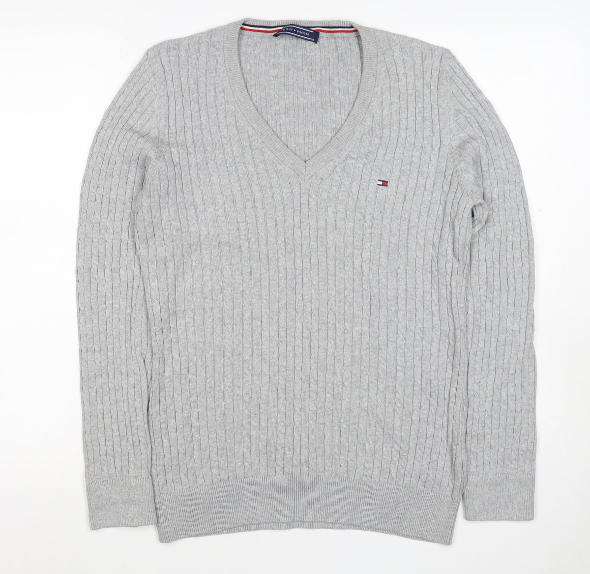 Tommy Hilfiger Women Grey XL Cable-Knit V-Neck Cotton Pullover Jumper