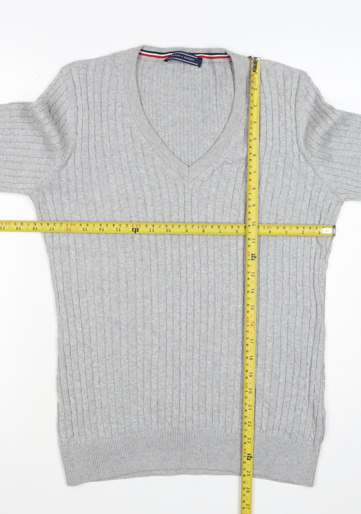 Tommy Hilfiger Women Grey XL Cable-Knit V-Neck Cotton Pullover Jumper