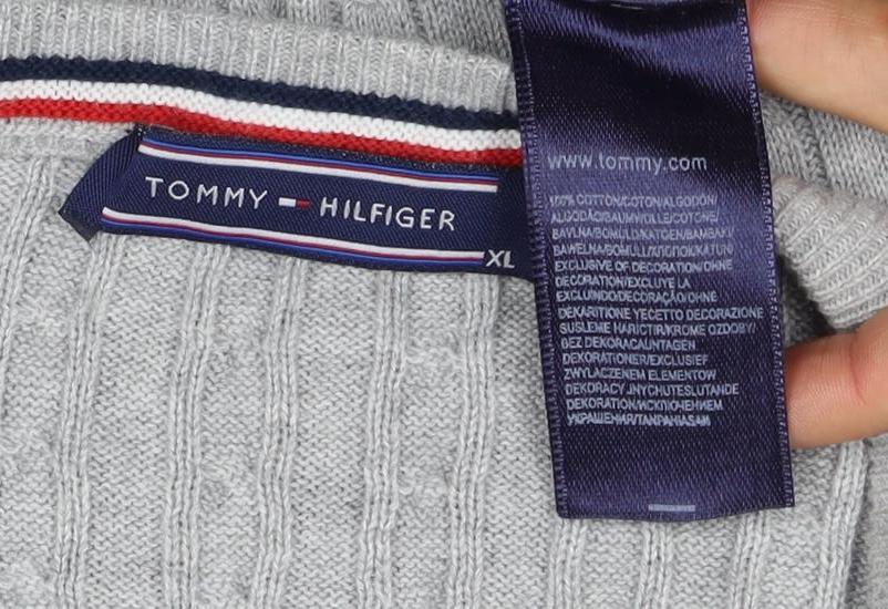Tommy Hilfiger Women Grey XL Cable-Knit V-Neck Cotton Pullover Jumper