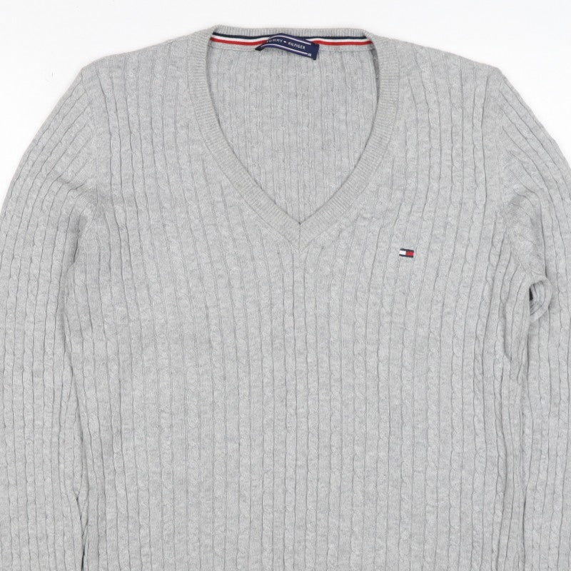 Tommy Hilfiger Women Grey XL Cable-Knit V-Neck Cotton Pullover Jumper