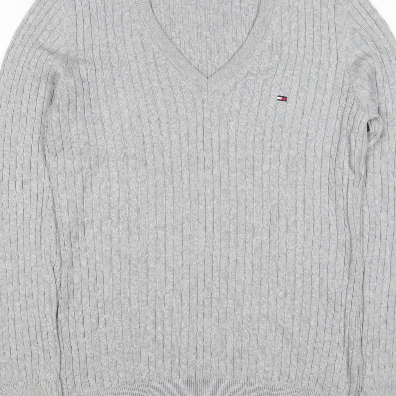 Tommy Hilfiger Women Grey XL Cable-Knit V-Neck Cotton Pullover Jumper