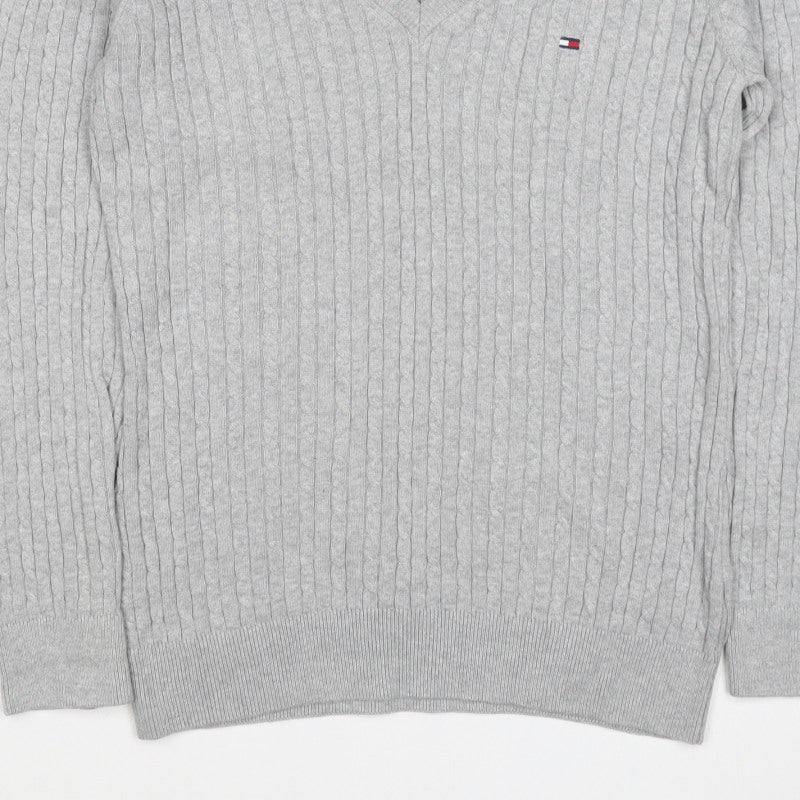 Tommy Hilfiger Women Grey XL Cable-Knit V-Neck Cotton Pullover Jumper