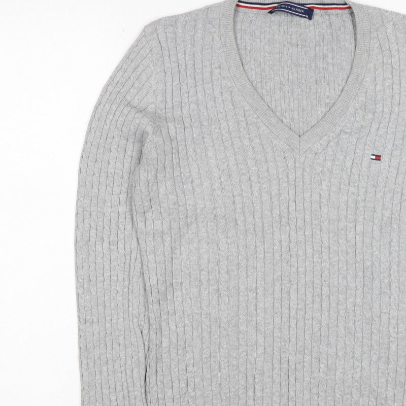 Tommy Hilfiger Women Grey XL Cable-Knit V-Neck Cotton Pullover Jumper