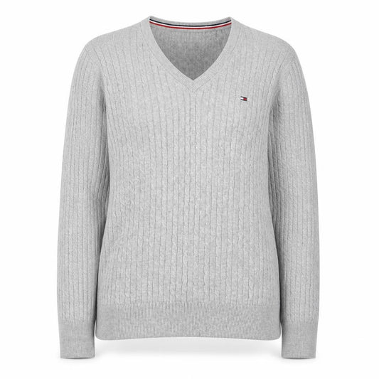 Tommy Hilfiger Women Grey XL Cable-Knit V-Neck Cotton Pullover Jumper