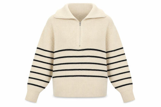 Pull&Bear Women’s Ivory Black Striped Half Zip Roll Neck Jumper S