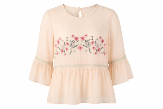Cameo Rose Women Beige Size 10 Floral Embroidered Chiffon Tunic Blouse