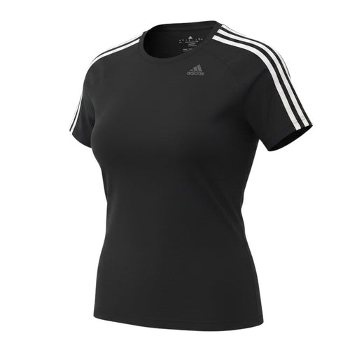 Prewornwholesale Adidas women's black Climalite athletic t-shirt with white three-stripe shoulder detailing.