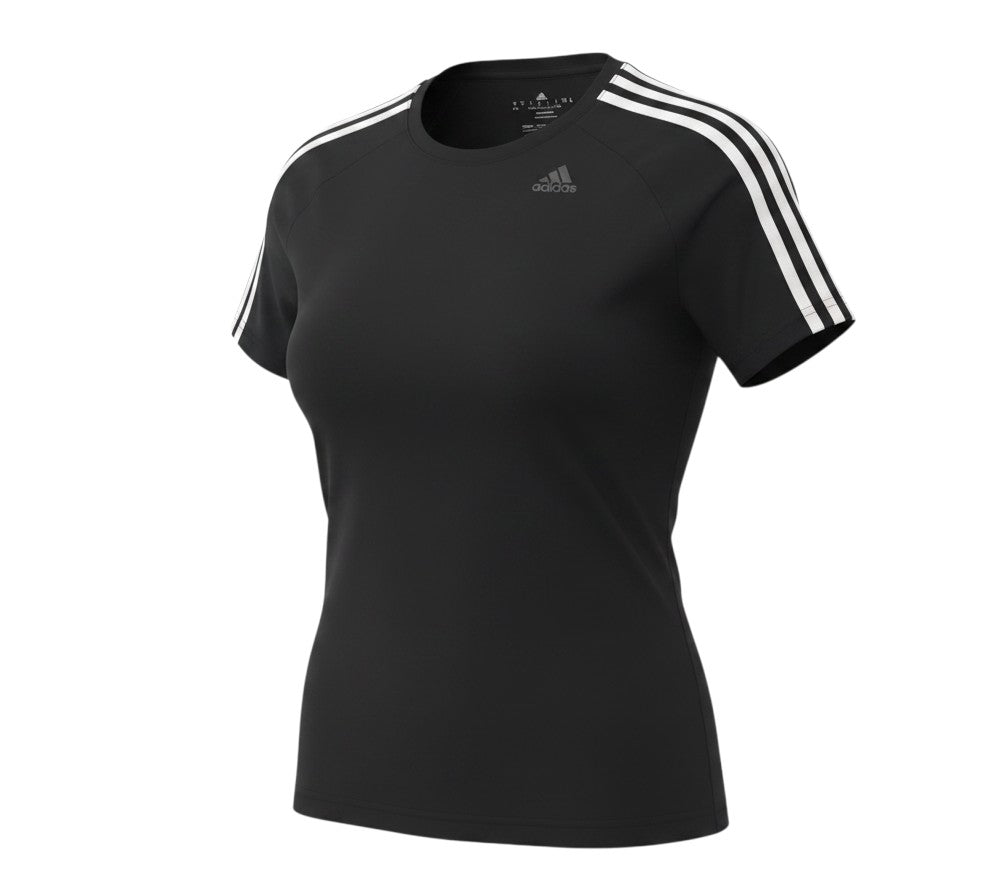 Prewornwholesale Adidas women's black Climalite athletic t-shirt with white three-stripe shoulder detailing.