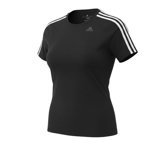 Prewornwholesale Adidas women's black Climalite athletic t-shirt with white three-stripe shoulder detailing.