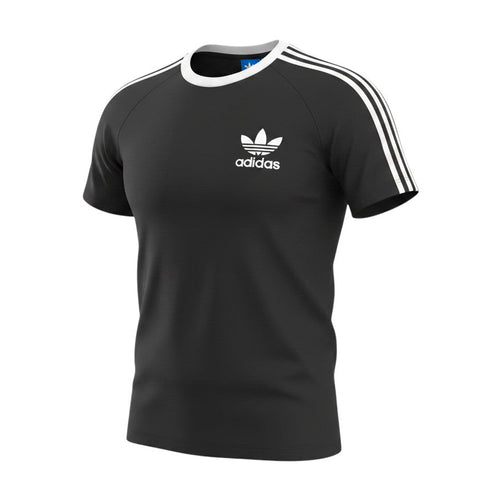 Prewornwholesale Adidas women's black cotton jersey t-shirt with white crew neck and signature three-stripe sleeves.