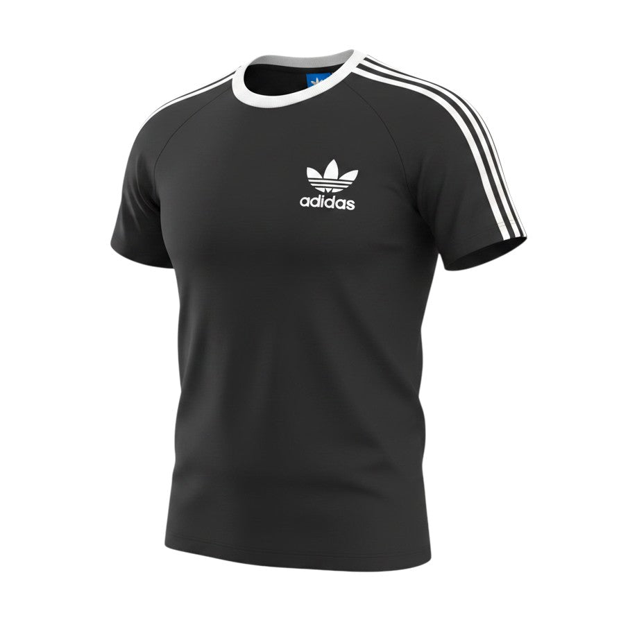 Prewornwholesale Adidas women's black cotton jersey t-shirt with white crew neck and signature three-stripe sleeves.