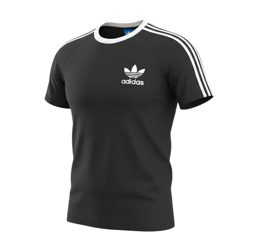 Prewornwholesale Adidas women's black cotton jersey t-shirt with white crew neck and signature three-stripe sleeves.