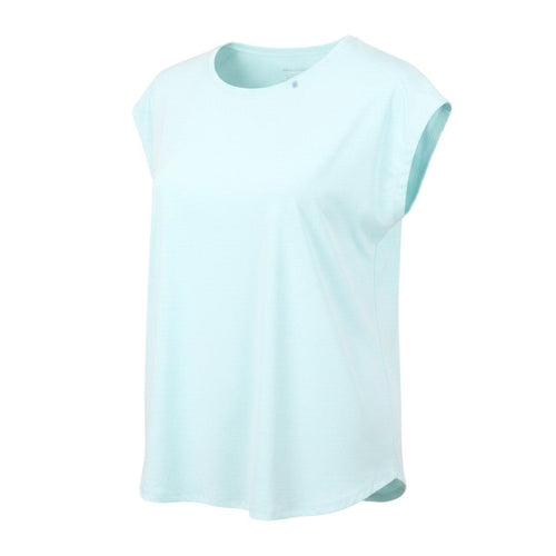 Prewornwholesale aqua blue sleeveless sports t-shirt with a crew neckline in breathable performance jersey fabric.