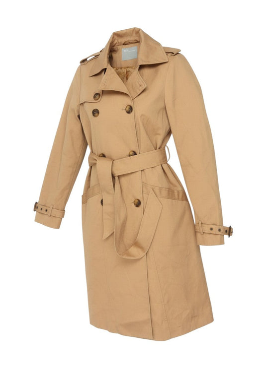 Prewornwholesale ASOS beige mid-length trench coat with a belted waist, double-breasted buttons, and notched lapels.