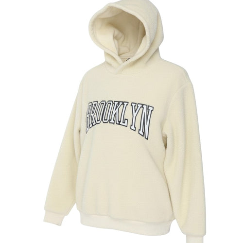 Brave Soul Women Beige Hooded Pullover Sweatshirt - Brooklyn Print Size M