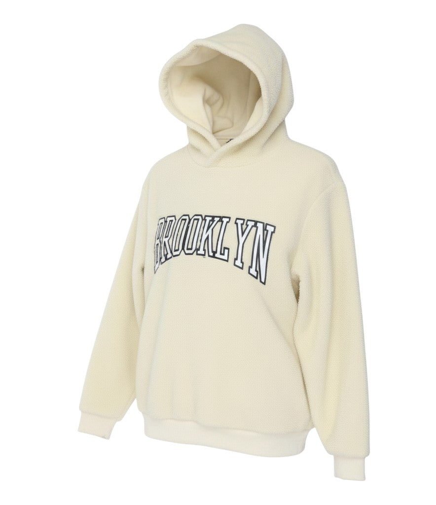 Brave Soul Women Beige Hooded Pullover Sweatshirt - Brooklyn Print Size M