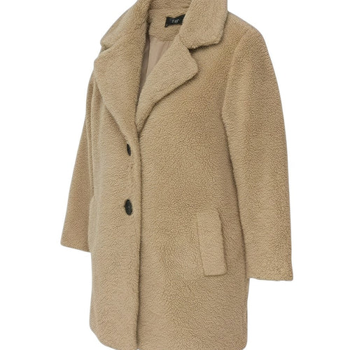 Prewornwholesale F&F beige teddy fleece mid-length overcoat with double-button closure and structured collar.