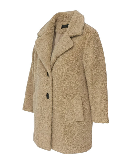 Prewornwholesale F&F beige teddy fleece mid-length overcoat with double-button closure and structured collar.