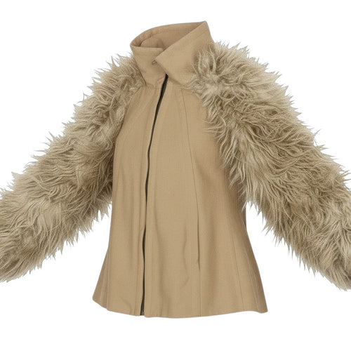 Prewornwholesale ZARA BASIC beige wool bomber jacket with long faux fur sleeves and a high collar zip front