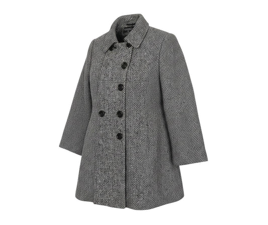 Prewornwholesale BHS women's grey tweed mid-length pea coat in a wool blend with a double-breasted button closure.