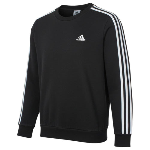 Prewornwholesale black Adidas crew neck sweatshirt with white three-stripe sleeve detailing and embroidered logo.