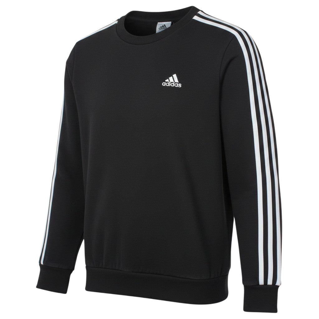 Prewornwholesale black Adidas crew neck sweatshirt with white three-stripe sleeve detailing and embroidered logo.