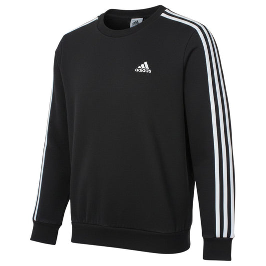 Prewornwholesale black Adidas crew neck sweatshirt with white three-stripe sleeve detailing and embroidered logo.