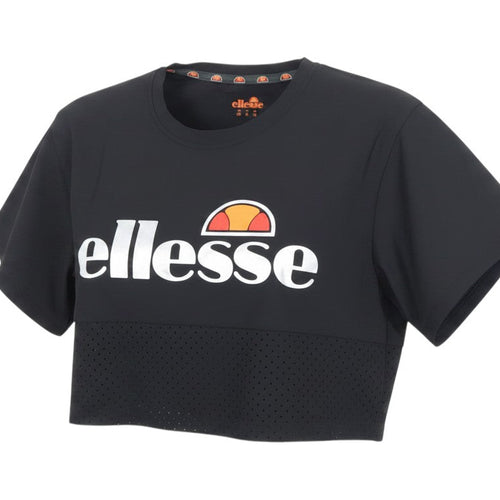 Prewornwholesale black cropped activewear T-shirt with Ellesse logo and perforated mesh panel for ventilation