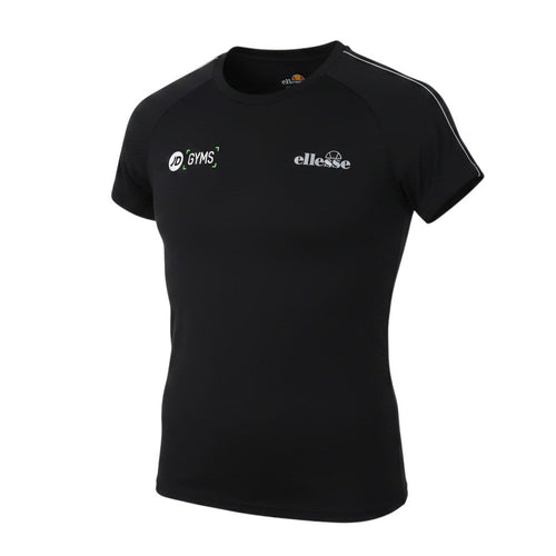 Prewornwholesale black Ellesse athletic t-shirt with JD Gyms branding, featuring a crew neck and short sleeves.