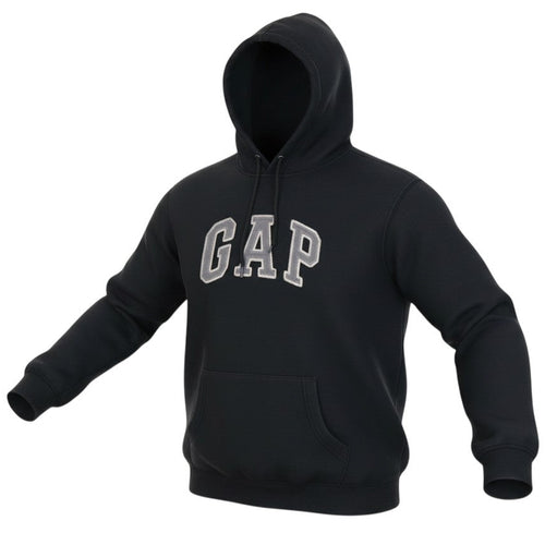 Prewornwholesale black GAP pullover hoodie with embroidered logo, drawstring hood, and front kangaroo pocket.
