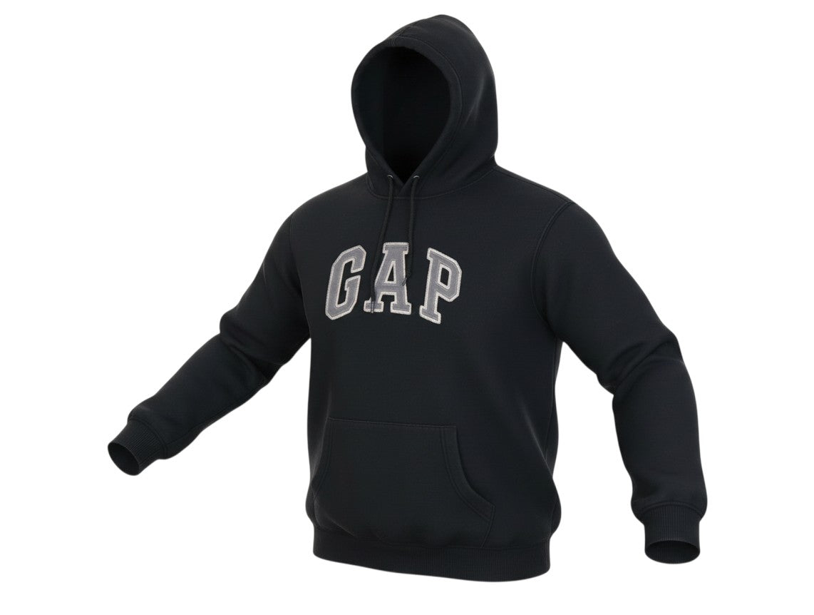 Prewornwholesale black GAP pullover hoodie with embroidered logo, drawstring hood, and front kangaroo pocket.