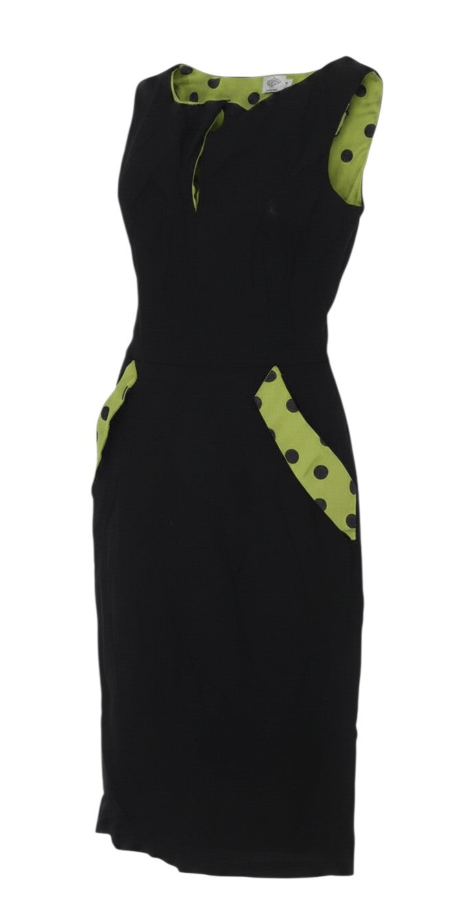 Cappuccini Women Black Green Polka Dot Shift Dress Size M Stretch