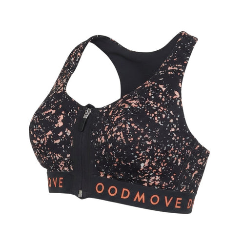 Prewornwholesale black and peach paint splatter print sports bra with front zip closure and branded elastic hem