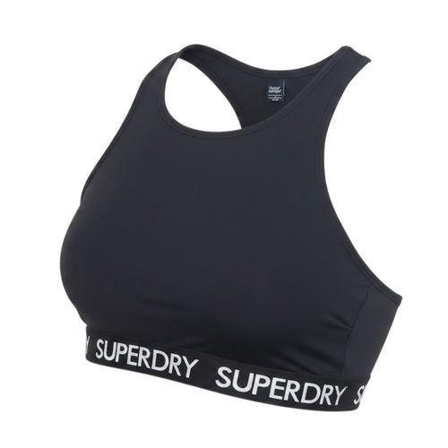 Prewornwholesale black Superdry racerback crop top with branded elasticized hem for athletic performance