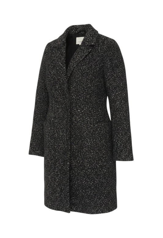 Prewornwholesale Great Plains black tweed mid-length overcoat with lapel collar and single-breasted button closure.