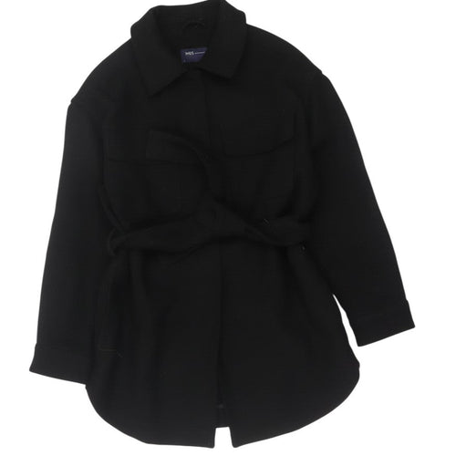 Prewornwholesale black wool blend belted overcoat with a collared neckline and front pockets for women.