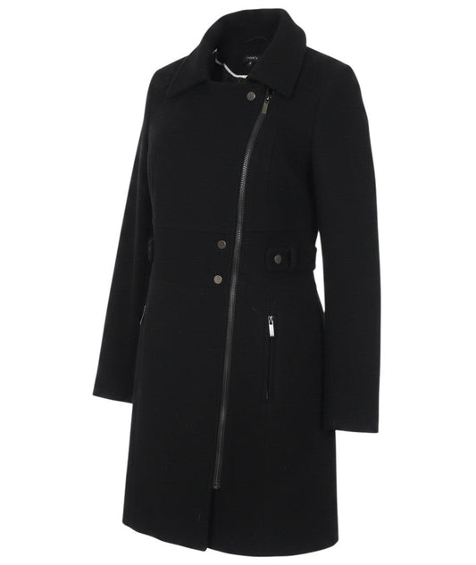 Prewornwholesale black wool blend long coat for women featuring a full-zip front, collar, and tailored silhouette.