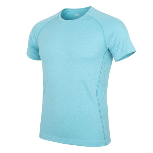 Prewornwholesale blue short-sleeve athletic T-shirt with crew neck, made from breathable moisture-wicking knit fabric.