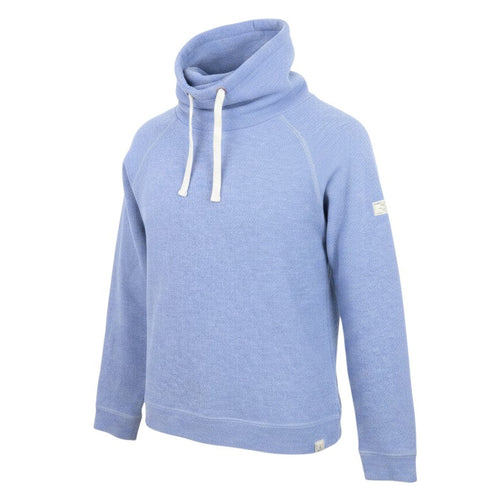 Prewornwholesale blue cotton blend pullover sweatshirt with a high drawstring neckline and raglan sleeves.