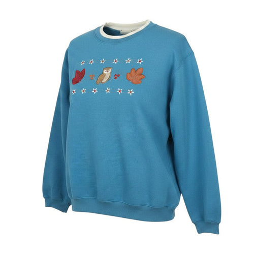 Prewornwholesale blue cotton blend pullover sweatshirt with embroidered owl and autumn leaf motif and crew neckline.