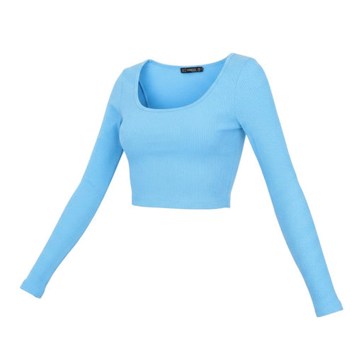 Prewornwholesale blue ribbed long sleeve cropped top with a scoop neckline in a slim fit cotton blend fabric.