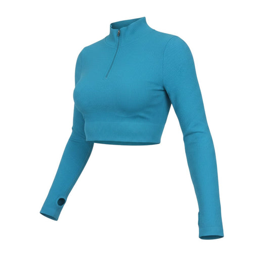 Mooslover Women Blue Long Sleeve Cropped 1/4 Zip Athletic Top L