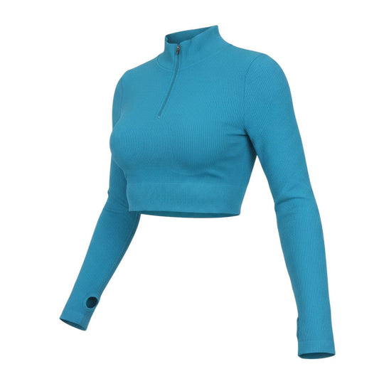 Mooslover Women Blue Long Sleeve Cropped 1/4 Zip Athletic Top L