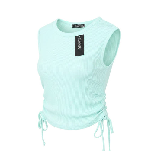 Prewornwholesale Dunnes Stores light blue ribbed tank top with round neck and adjustable ruched sides