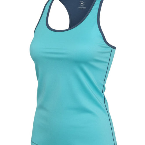 Prewornwholesale women's blue sleeveless polyester tank top with racerback design for gym and activewear.
