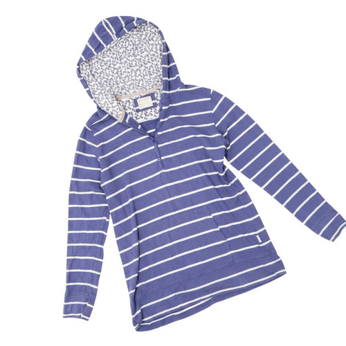 Prewornwholesale blue and white striped cotton pullover hoodie with a floral lined hood and button Henley neckline.