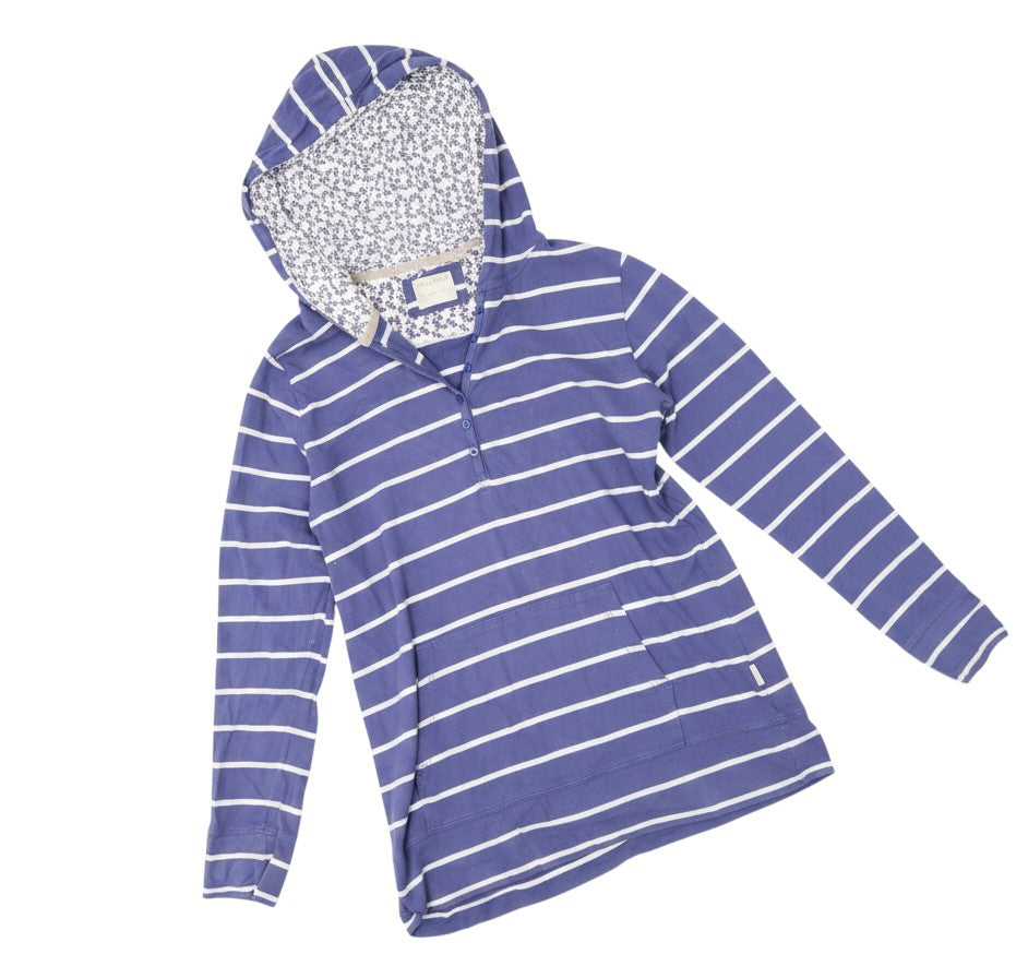 Prewornwholesale blue and white striped cotton pullover hoodie with a floral lined hood and button Henley neckline.