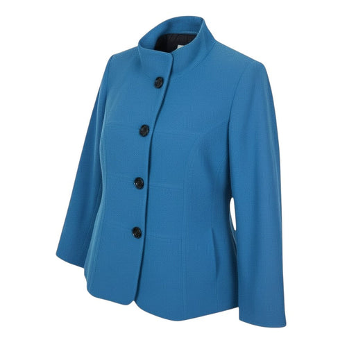 Prewornwholesale blue wool cashmere blend jacket with stand collar and dark button front for women