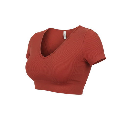 Bo+Tee Womens Brown Cropped Ribbed V-Neck Active T-Shirt Size S